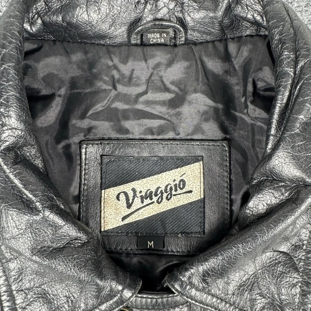 Vintage Black Leather Jacket Korean Style Viaggio M Mens Zip Up Classic